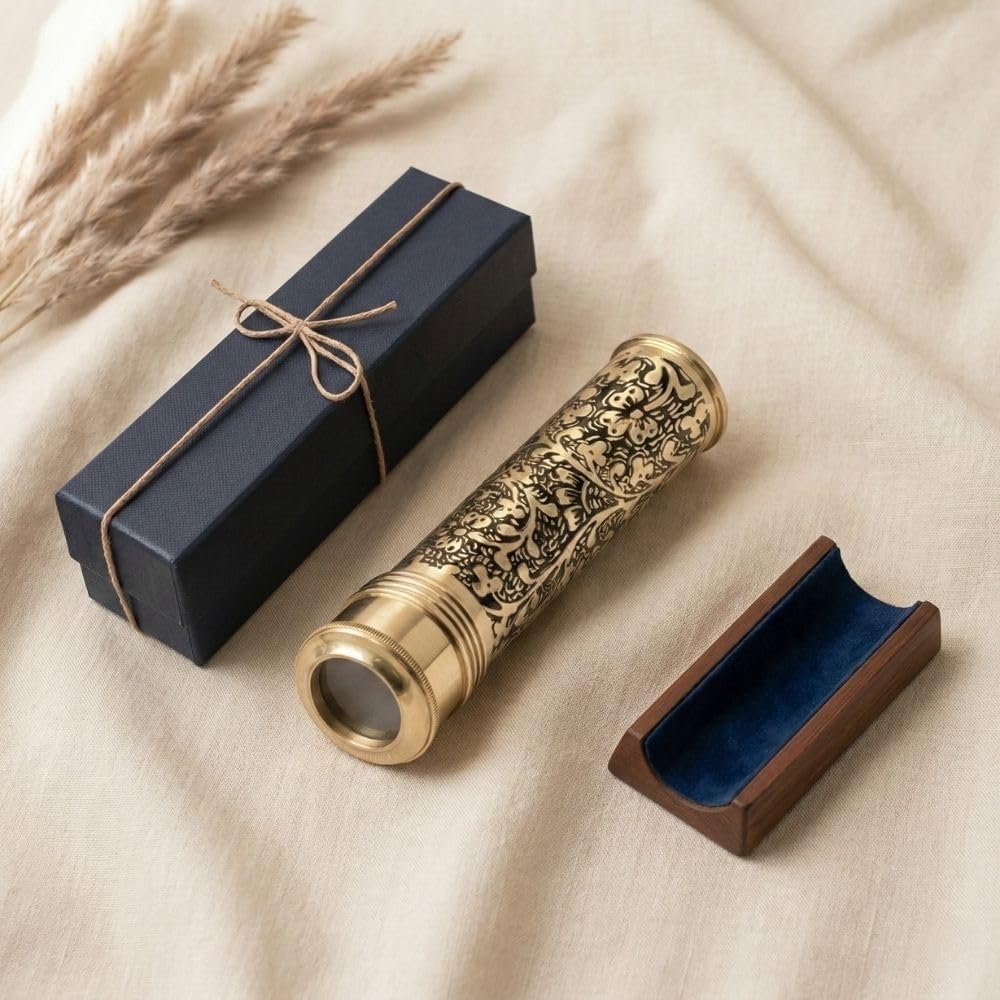 Handmade Kaleidoscope | Etched Brass with Three-Mirror System | Lampworking Glass Beads | Antique Brass Finish Wooden