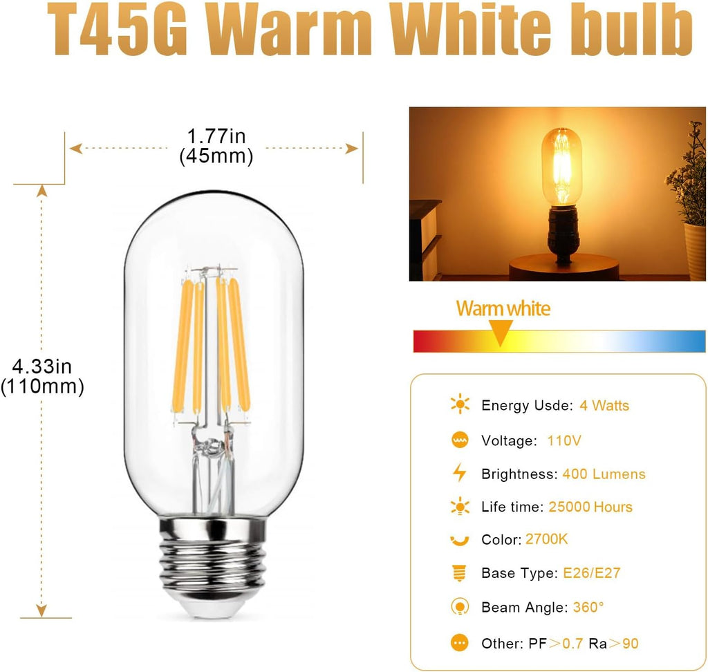 T45 LED Edison Tubular Light Bulb 4W, 40W Equivalent 350 Lumens, E26 Medium Screw Base, Dimmable Vintage Style LED