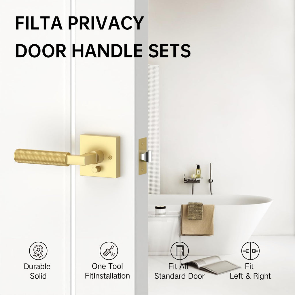 1 Pack Gold Privacy Door Handles, Knurled Door Levers Interior Gold Door Lever Bathroom Door Knobs Heavy Duty Square