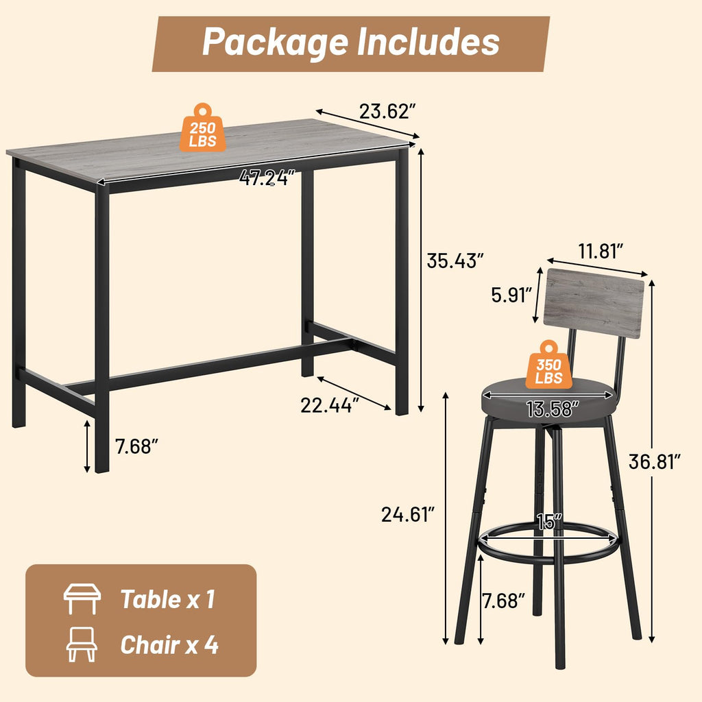 Dining Table Set for 4, 5-Piece Bar Table Set, Kitchen Table and Chairs, Counter Height High Top Table with 4 PU