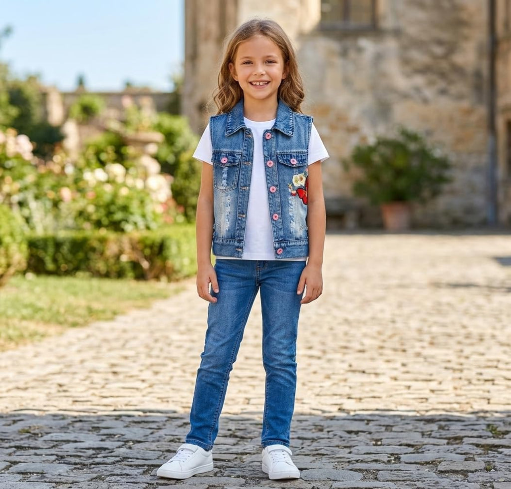 Little Big Girl Outfit Distressed Sleeveless Jacket Embroidered Sequins Butterfly Denim Vest