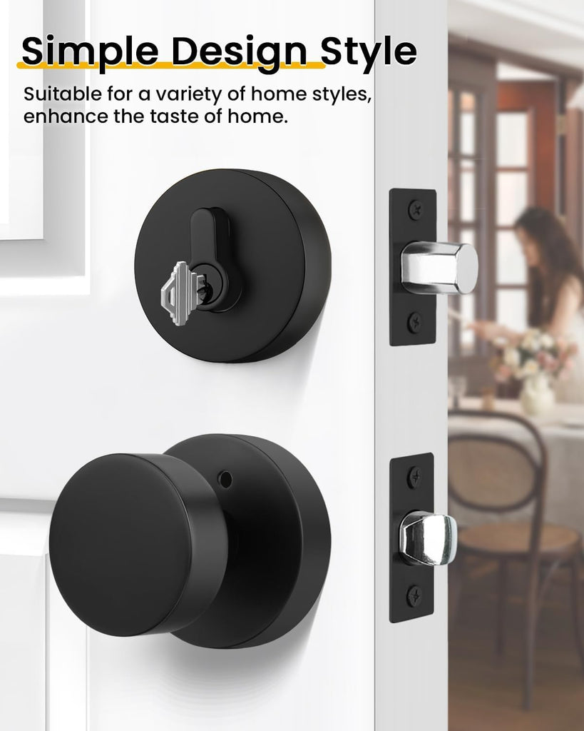 Matte Black Door Knobs with Deadbolt, Zinc-Alloy Matte Black Exterior Door Lock Set