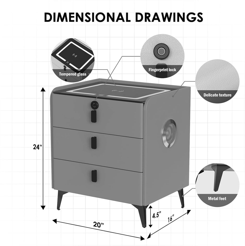 Smart Nightstand with Wireless Charging, Nightstand with Fingerprint Lock Drawer, Night Stand with Charging Station,2