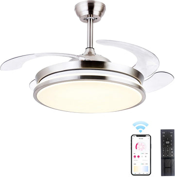 Retractable Ceiling Fans with Lights,42 Inch Modern Low Profile Bladeless LED Ceiling Fan Lights with Remote Control