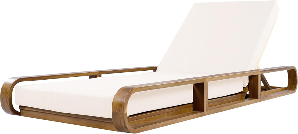 Teak Finish Acacia Wood Chaise Lounge - 1 Pcs Frame + 1 Pcs 4" 2-Fold Cream Water-Resistant Cushion, 400lbs Capacity