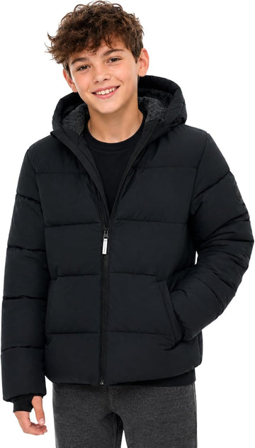 Boys Heavyweight Puffer Jacket - Sherpa Lined Winter Coat with Hood