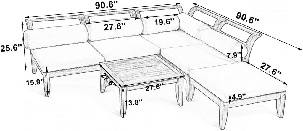 6 Piece Patio Sofa Set, Acacia Wood Outdoor Modular Sectional Garden Furniture Set, L-Shaped Conversation Set with