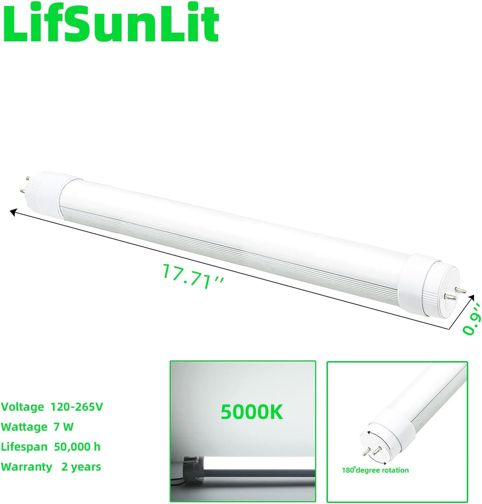 2Pack F15T8 LED Tube Light,120V,7W,18" Length,5000K Daylight White
