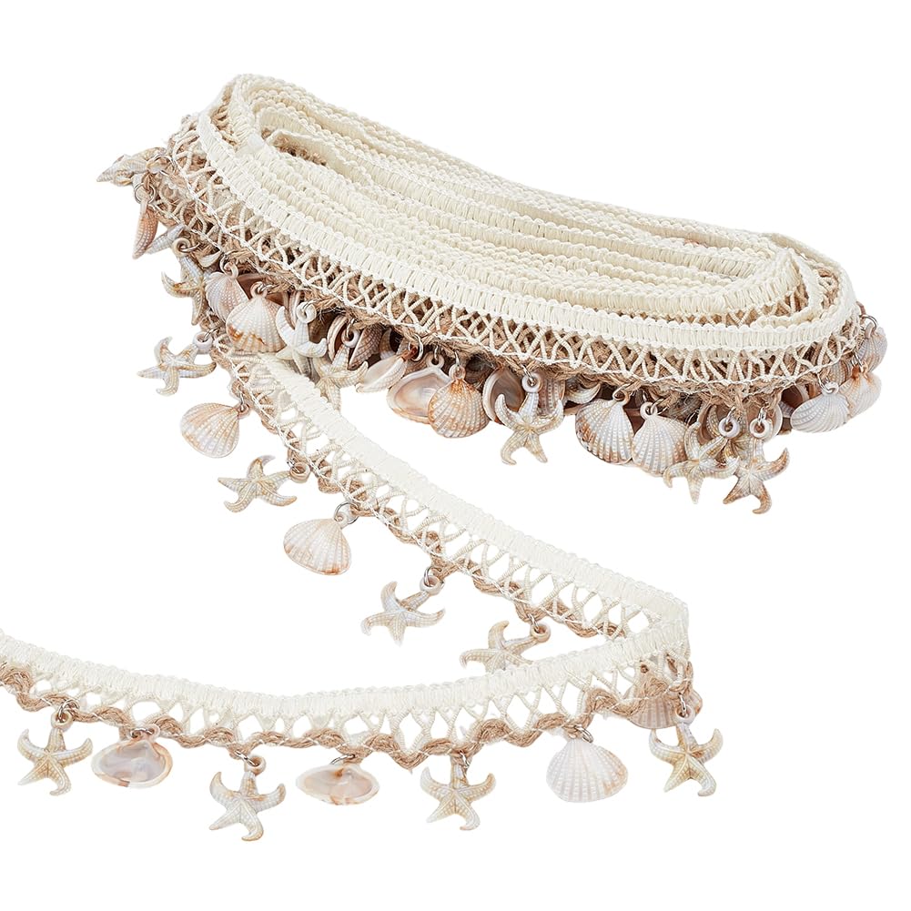 1-1/2 Inch Shell Fringe Trim Starfish & Shell Charms Boho Lace Ribbon Ethnic Style Craft Ribbon Fringes Trim - 5 Yards