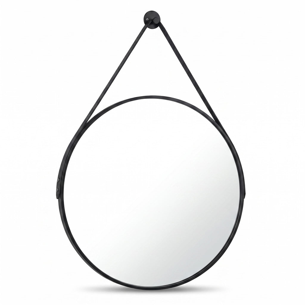 20" Black Round Mirror, Circle Wall Mirror with Leather Strap