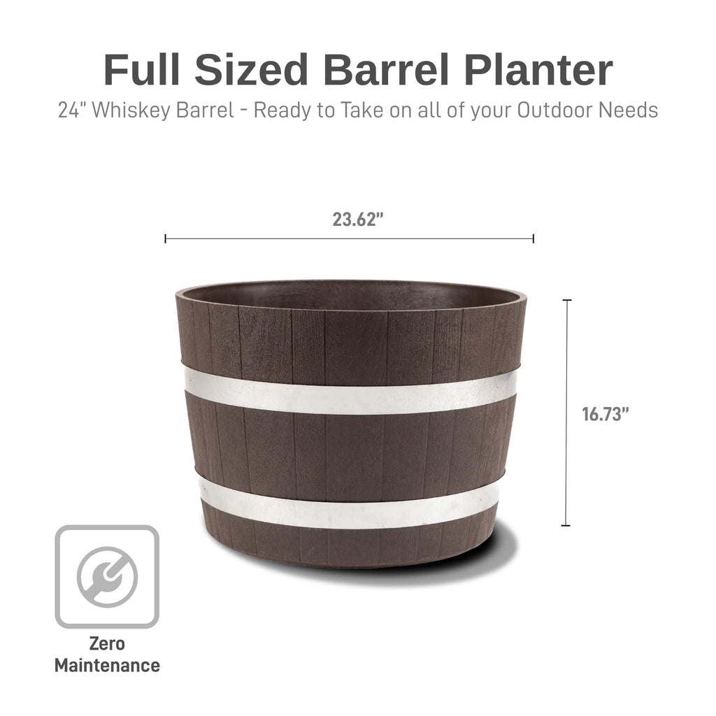 Better Barrel 2-Pack, 24-Inch Outdoor Planter, Walnut - Rustic Whiskey Barrel Style Heavy-Duty Resin Pot with Rusting