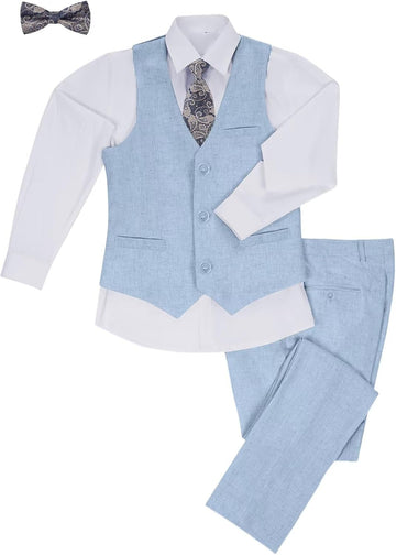 Boys Linen Suit 5 Piece Dress Tuxedo Kids Wedding Suits Vest Set