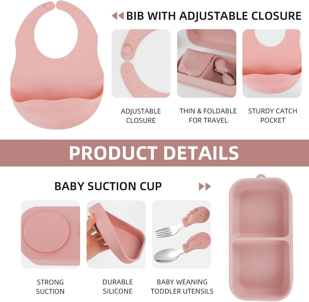 Travel Silicone Baby Feeding Set with 316 Stainless Steel Spoon & Fork,Silicone Suction Plates, Foldable Bib