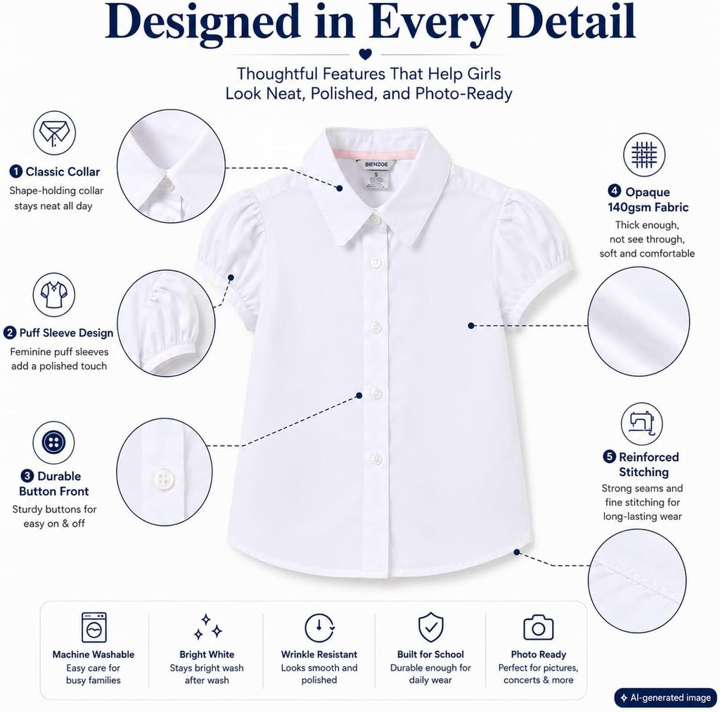 White Wrinkle-Free Girls Blouse: School Uniform Cotton Shirt