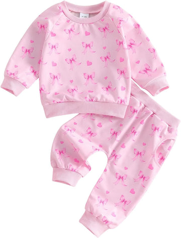 Toddler Baby Girl Outfit Clothes Fall Winter Bows Hearts Long Sleeve Sweatshirt Pullover Top and Pants Set