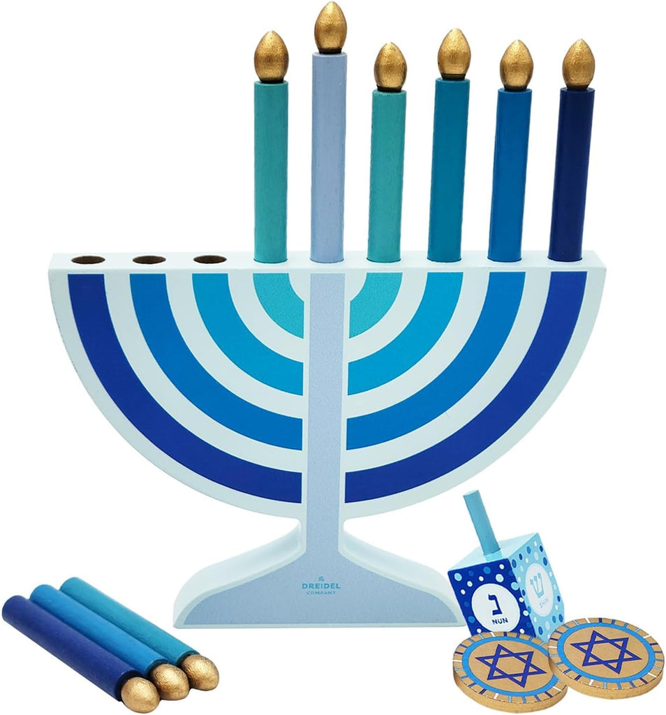 Mini Blue Hanukkah , 5" Inch Children Wooden Chanukah Set with Removable Wooden Candles, 3" Inch Dreidel, and Gelt