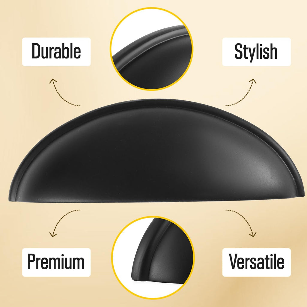 Cup Drawer Pulls - 10 Pack - Matte Black Cabinet Handles 3 Inch - Matte Black Cabinet Pulls - Cabinet Cup Pulls for