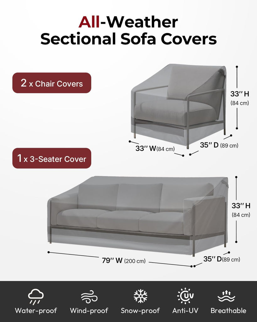 3-Piece Patio Furniture Chair Covers Set, Outdoor 600D Heavy-Duty Waterproof, Fits 3 Seater Sofa 79"x35"x33"& 2