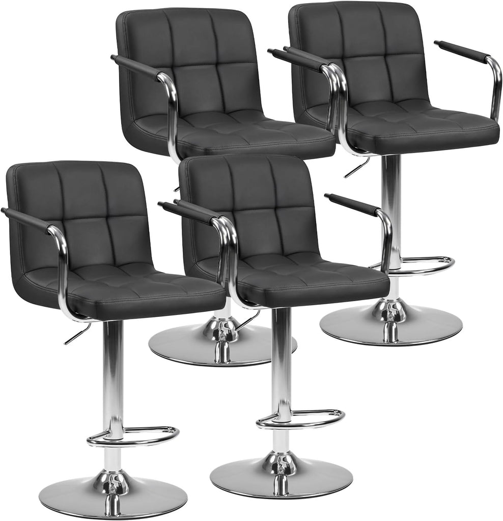 Swivel Bar Stools Set of 4, PU Leather Upholstered Bar Chairs with Back & Armrests, Adjustable Counter Height Stools
