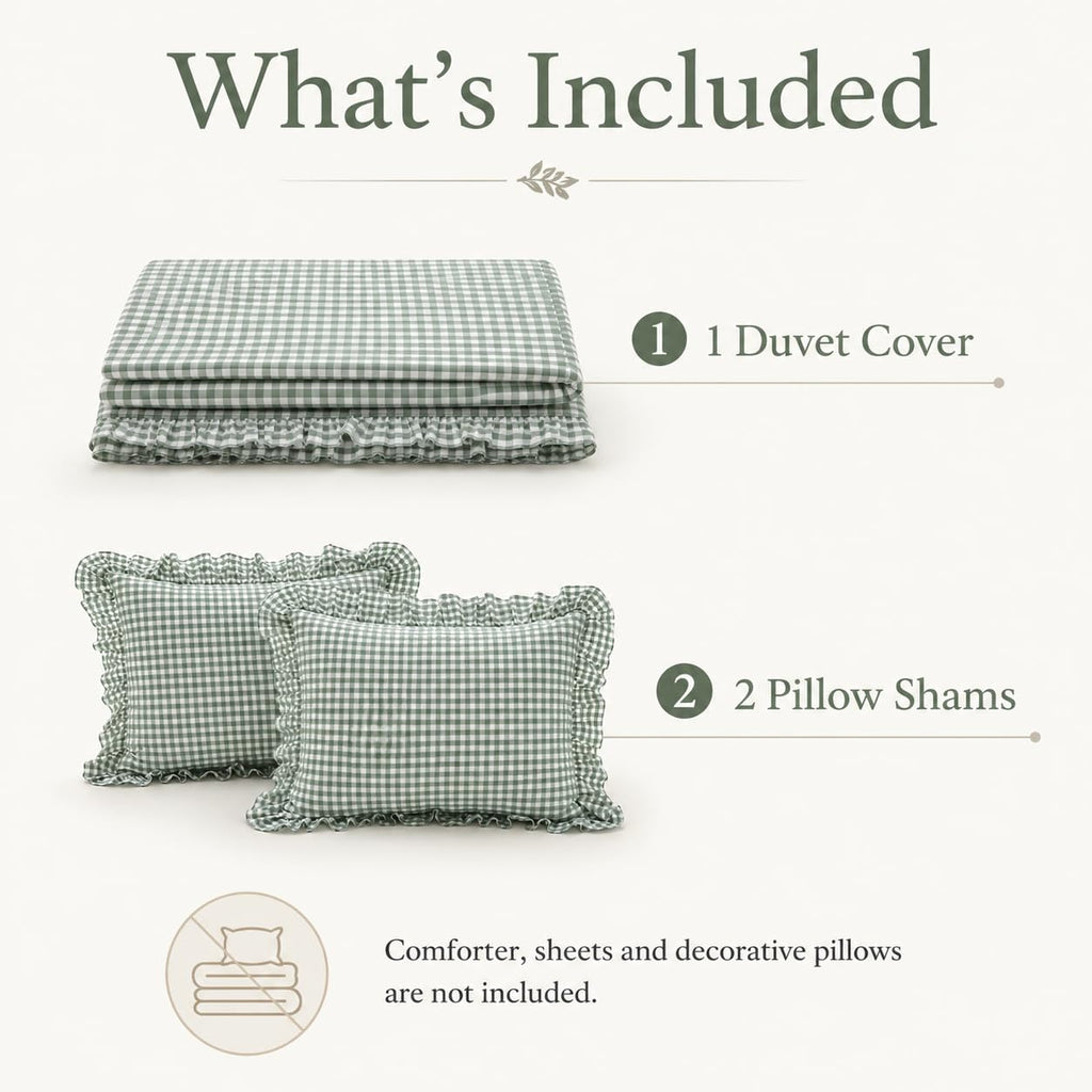 Dusty Green Gingham Ruffle Duvet Cover Set