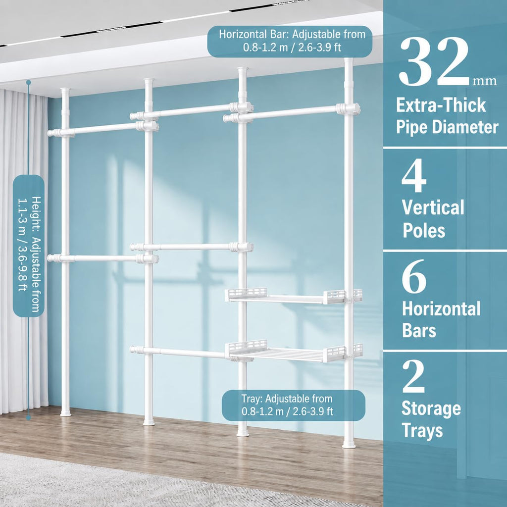 Adjustable Storage Rack, No Drilling Floor Standing Closet Organizer, White