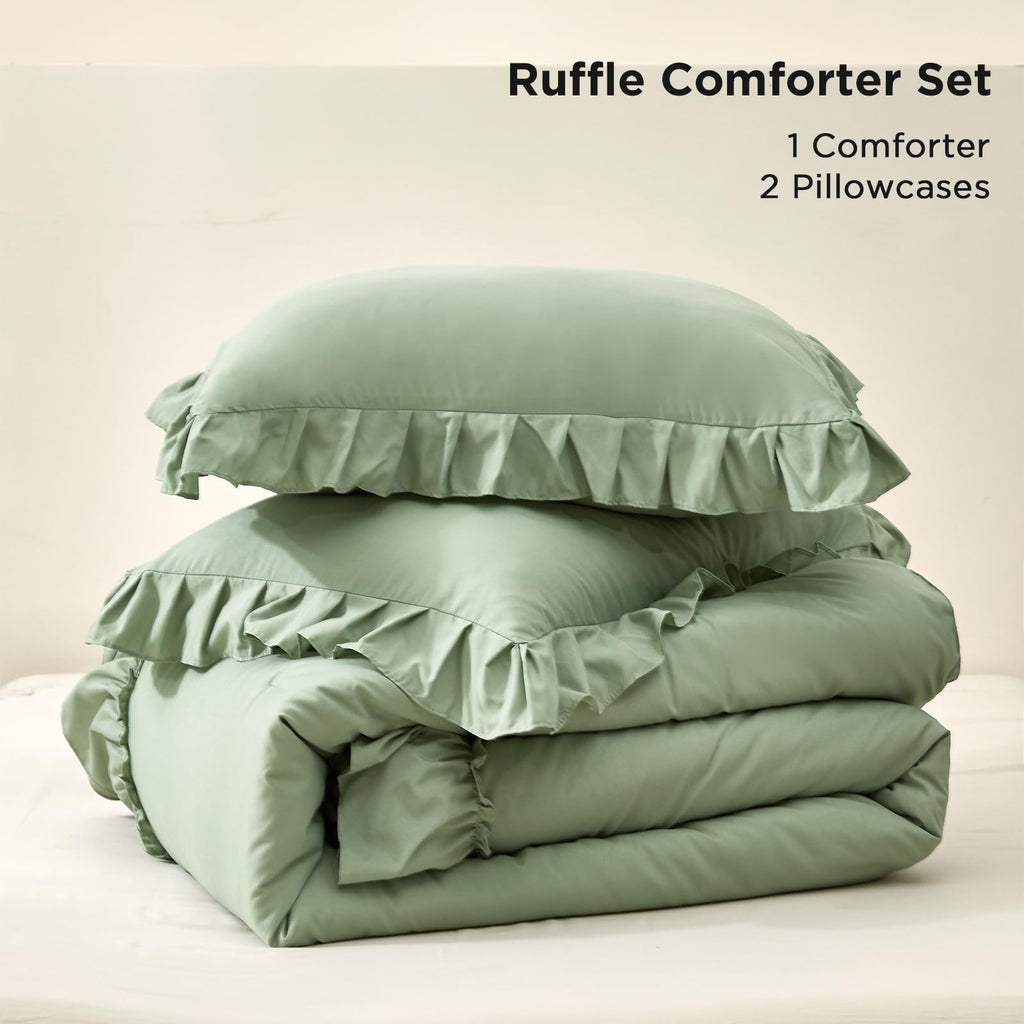 Comforter Set Sage Green, Lightweight Fluffy Farmhouse Ruffle Bedding Set, Soft Microfiber All Season
