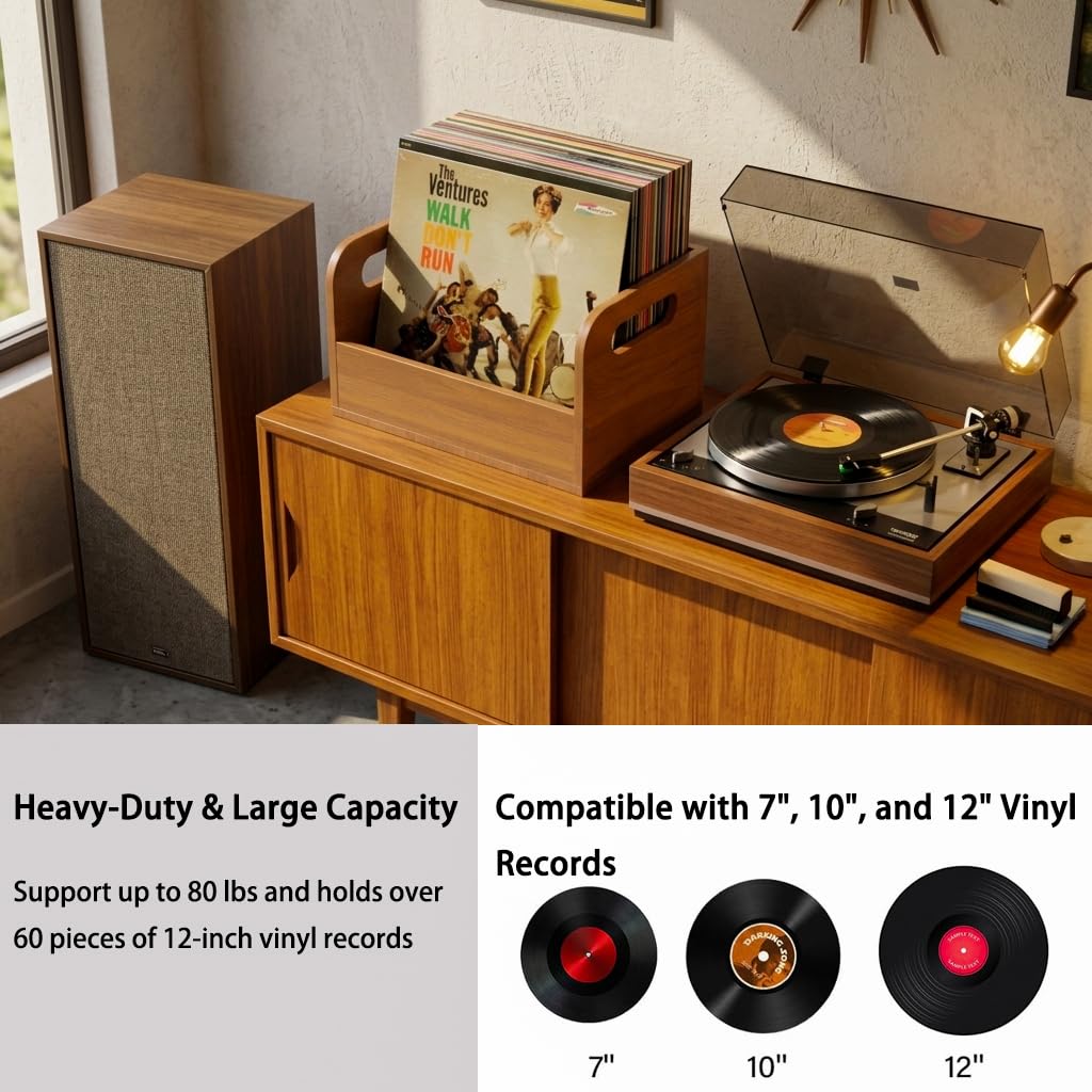 100% Solid Wood Vinyl Record Storage Retro & Sturdy Wooden Vinyl Crate