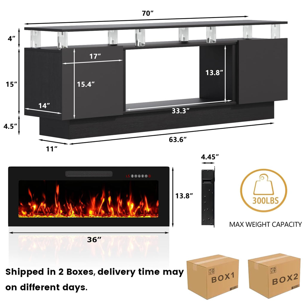 With 36" Fireplace, 70 Inch Black Fire Place TV Stands, Modern Electric with Cabinets & Acrylic Columns