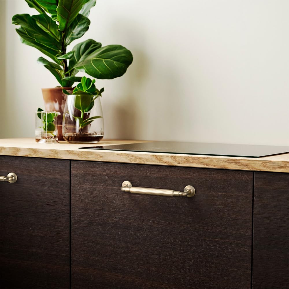 Champagne Bronze Reeded Cabinet Pulls - 6 Pack 5 Inch Modern Textured Drawer Handles with Fluted Grip & Round Rosette