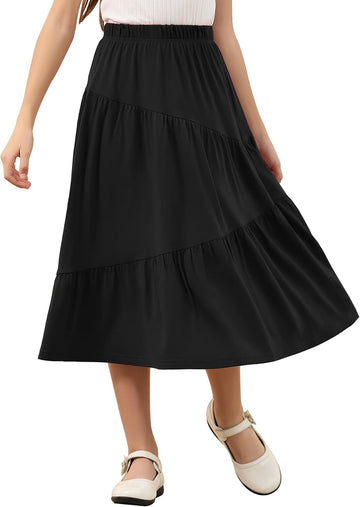 Girls Boho Asymmetrical Tiered Ruffle Midi Skirt