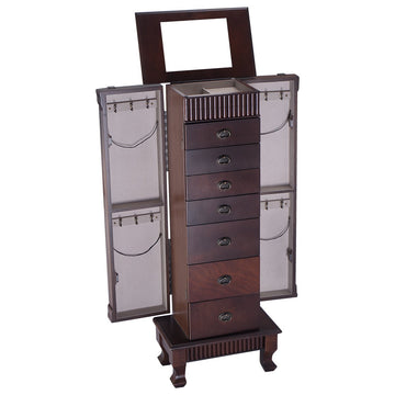 Jewelry Cabinet Armoire Freestanding with Top Mirror, Wooden Jewelry Storage Organizer with 7 Drawers, 2 Side Doors