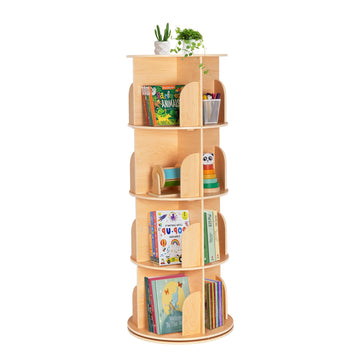 4-Tier Rotating Bookshelf Tower, 360°Display Wooden Spinning Bookcase
