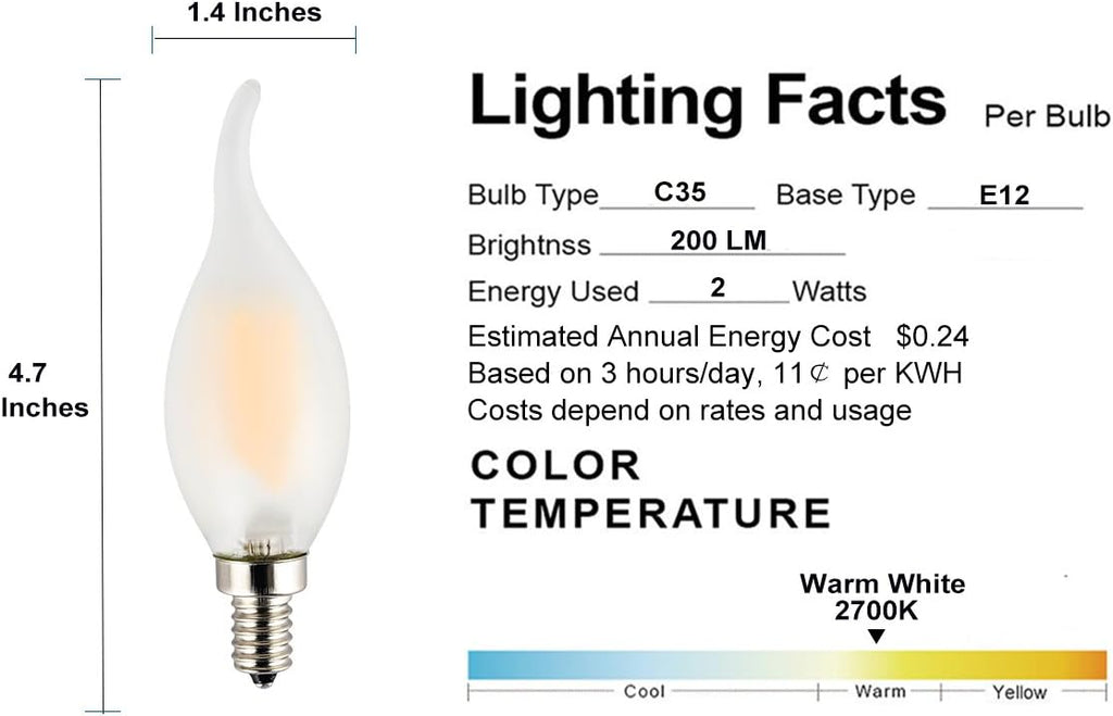 C35 2W(25W Incandescent Equivalent) LED Candelabra Bulb, Dimmable, LED Filament Lamp, Warm White Light 2700K, Frosted