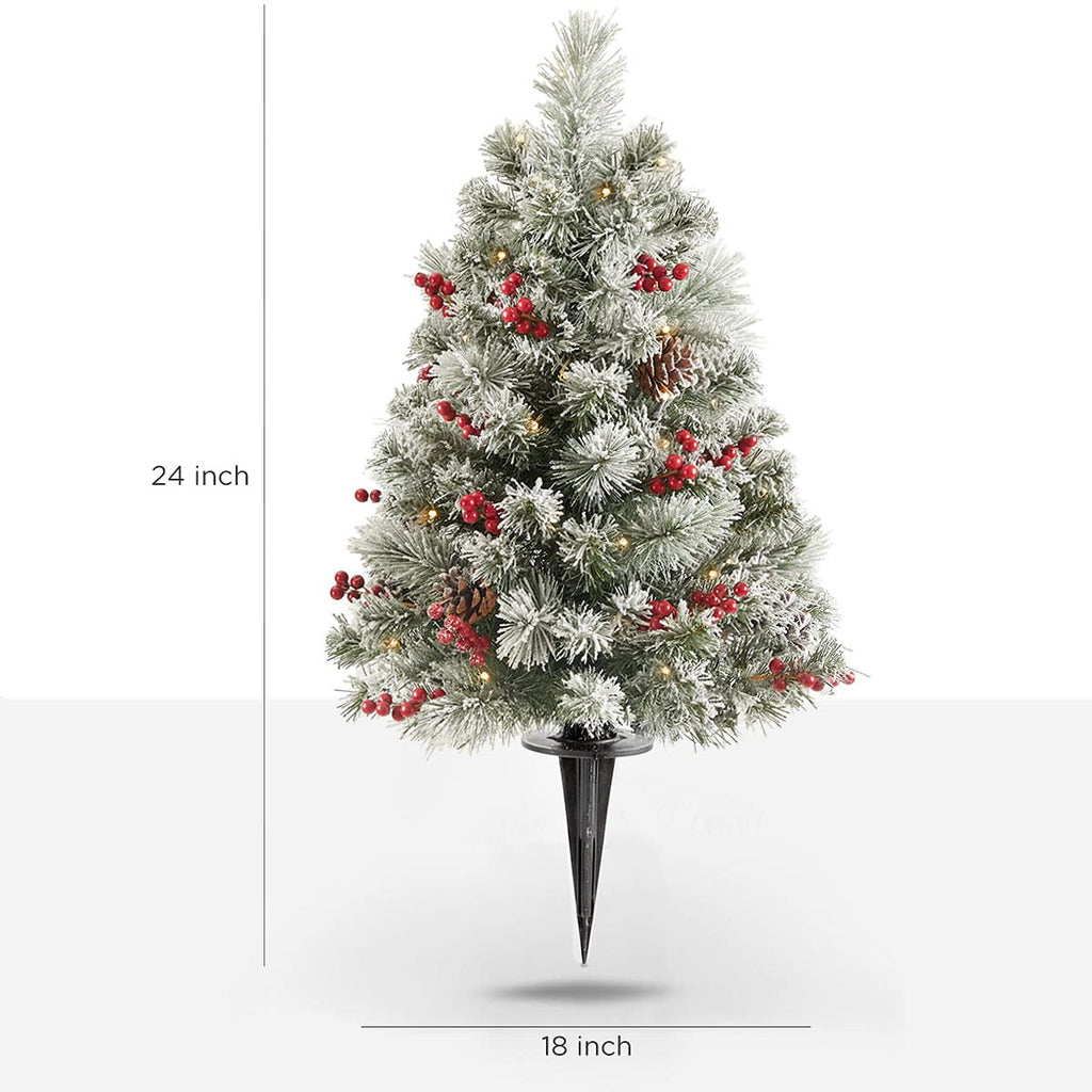 24 Inch Outdoor Christmas Tree Frosted Urn Filler 2 Set, Pre-lit Artificial Xmas Tree with 50 LED Lights, Realistic