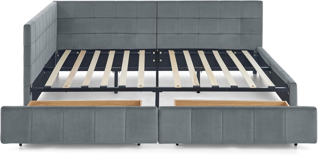 Queen Size Corner Bed Frame with Storage Drawers Comfortable Backrest