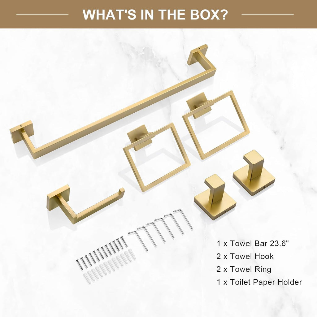 6-Piece Bathroom Towel Bar Sets Brushed Gold 23.6 inch Towel Bar Stainless Steel Towel Ring Coat Hook and Toilet