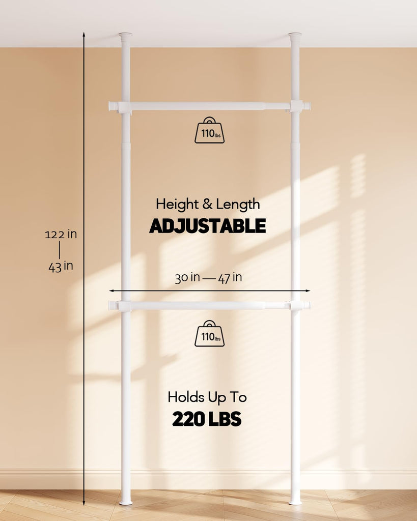 Floor-to-Ceiling Clothing Rack with Wire Storage Basket, Double Hanging Rods, Adjustable Tension Closet Organizer