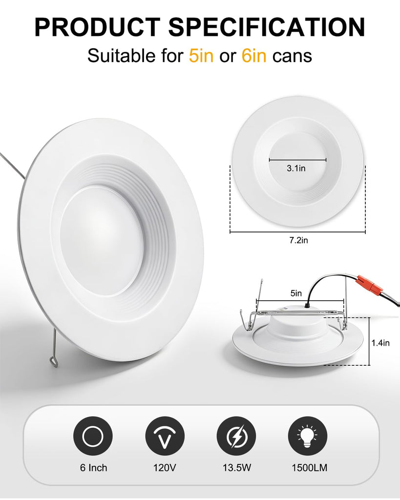 Retrofit LED Recessed Lighting 6 Inch, 5CCT, Metal, Gold, 12 Pack