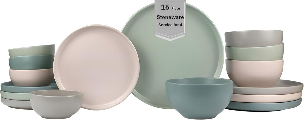 16-Piece Stoneware Dinnerware Set for 4, Satin Glazed Plates and Bowls Sets with Matte Finish, Ceramic Dish Set