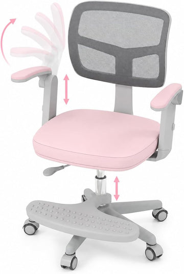 Kids Desk Chair, Ergonomic Study Chair with Footrest, Flip-up Armrest, Wheels, Adjustable Height Mesh Student Chair