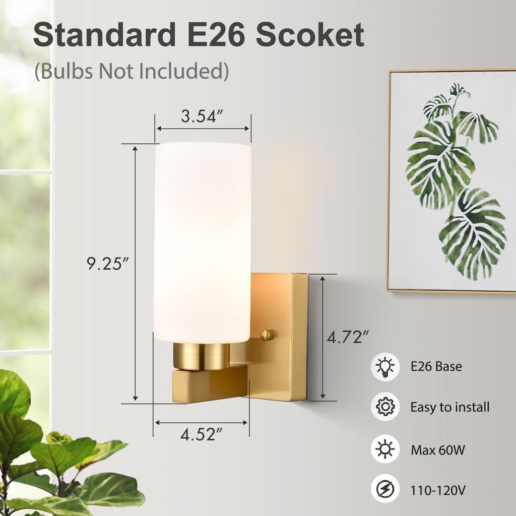 Modern Gold Wall Sconce Dimmable Bathroom Vanity Light with Milky White Cylinder Glass Shade Set of 2