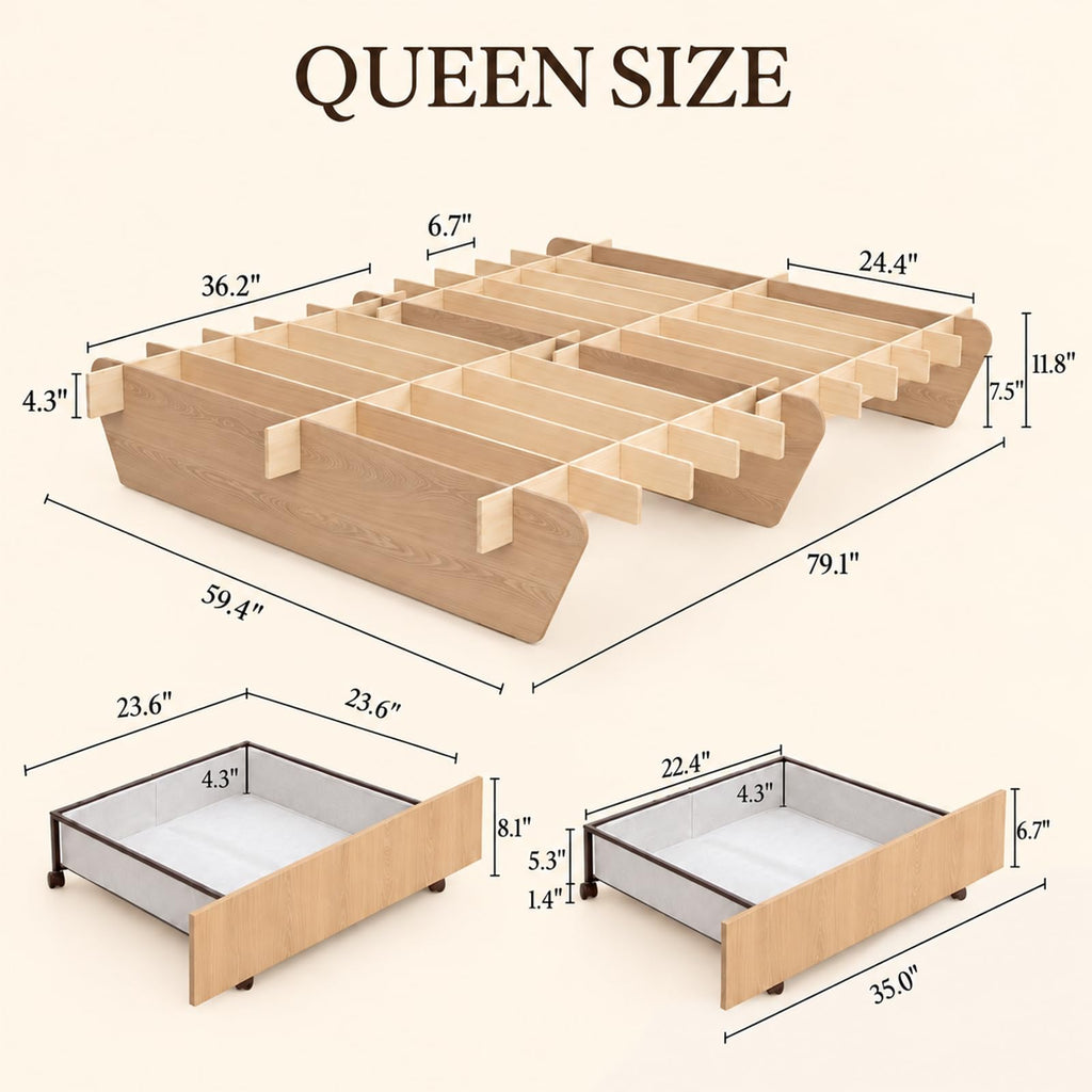 Queen Japanese Bed Frame with Storage, Wood Platform Bed Frame