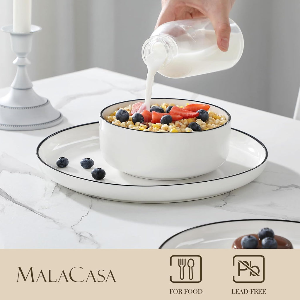 Plates and Bowls Sets, 24 Pieces Modern Porcelain Dinnerware Set for 8 White Kitchen Dinner Dining Ware Set wtih Black