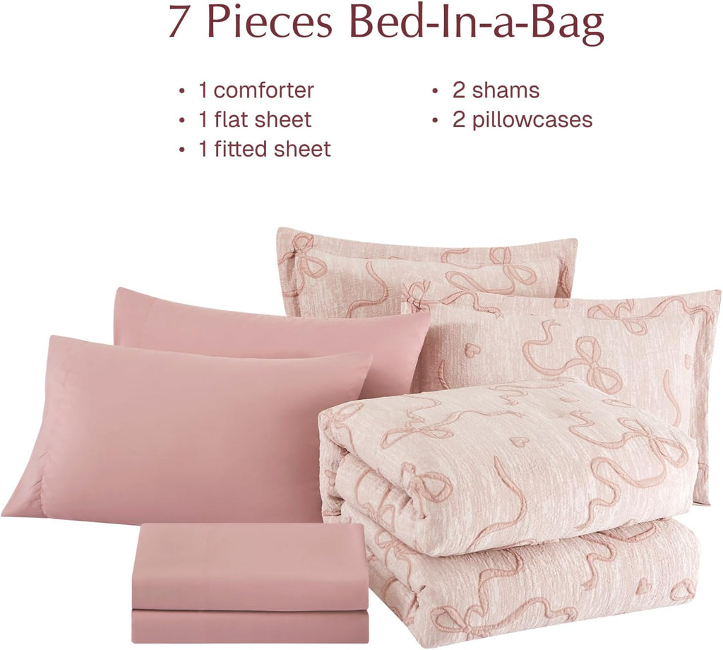 Pink Full Comforter Set for Girls- 7 Pieces Bowknot Jacquard Bed in A Bag Full Bedding Sets with Sheets, Pillowcases