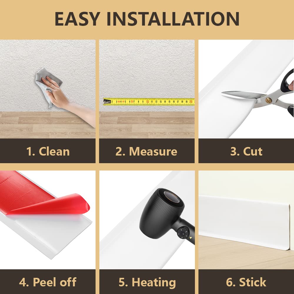 Flexible Baseboard Molding Trim, Self-Adhesive Design Vinyl Wall Base, Peel and Stick Rubber Wall Base Moulding Trim