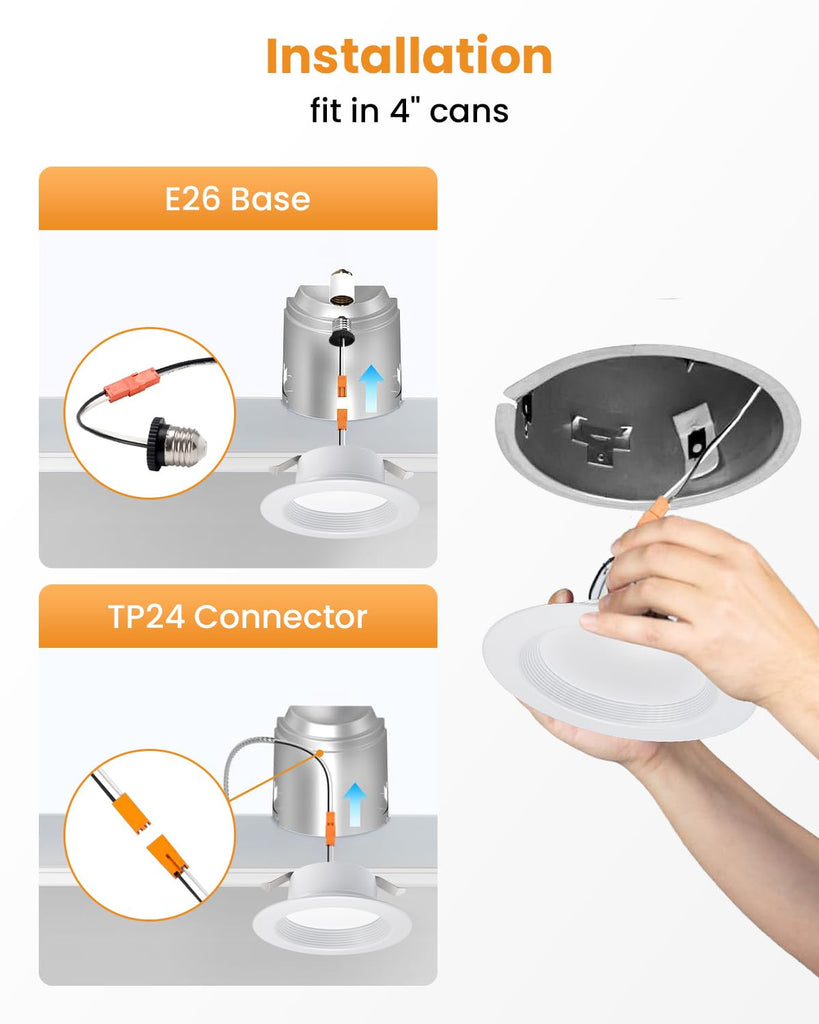 Premium Metal 4-Inch Retrofit LED Recessed Lighting - 2700K-6000K Selectable, 9W 800LM Dimmable E26 Base LED