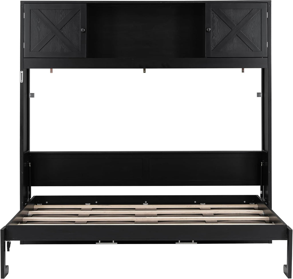 Full Horizontal Murphy Bed with Storage, Farmhouse Wooden Wall Bed with Cabinets and Bookcase, Space-Saving Foldable