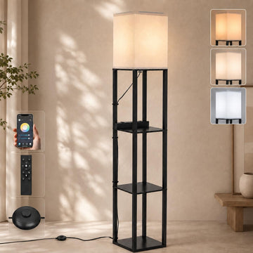 Solid Wood Floor Lamp with Shelves, Dimmable, Remote