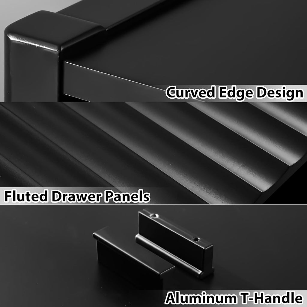Black 6 Drawer Dresser, Modern Wood Dresser, Fluted Design Double Chest of Drawers with Wood Legs, TV Stand Storage