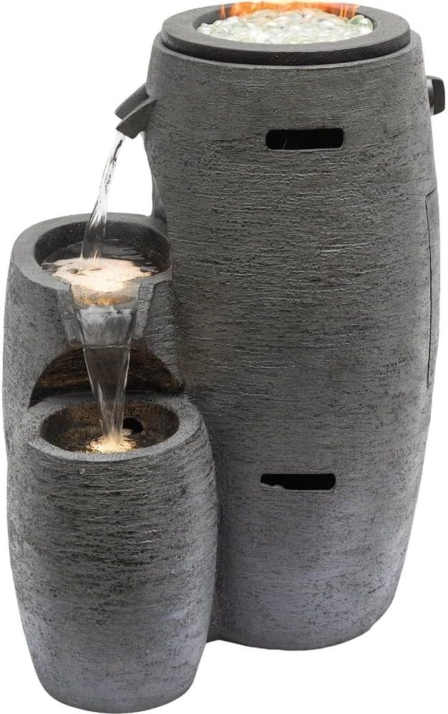 Outdoor Cascading Look 3 Tiered Fire and Water Fountain with Adjustable Flame and LED Lights, 27" Tall, Gray